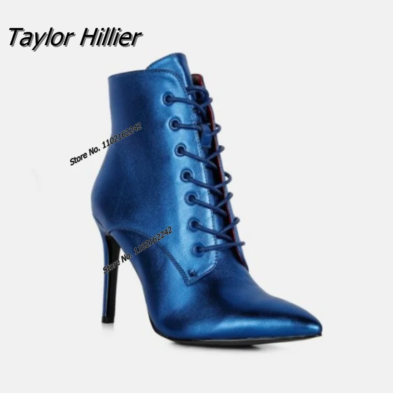

Fashion Short Boots Women'S Lace Up Pointed Toe Super High Heel Leather Nude Boots Warm Fashion Show Large Size Autumn Winter