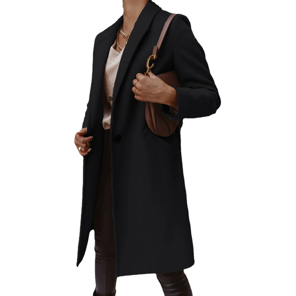 

Женское шерстяное пальто с лацканами, однотонное длинное пальто на пуговицах в новом стиле на осень и зиму