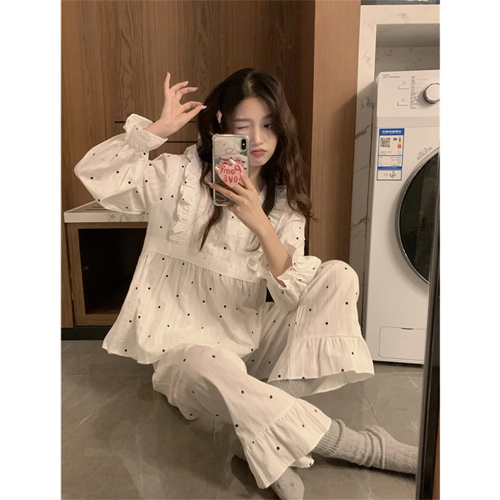 

2023 New Autumn and Winter Women's Sweetheart Fashion Loose Relaxed Square Collar Polka Dot Home Furnishing Two Piece Set