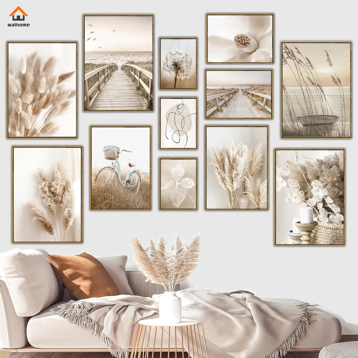 Постер с бежевым пейзажем озера лодки тростника пампаса трава Бохо декоративные