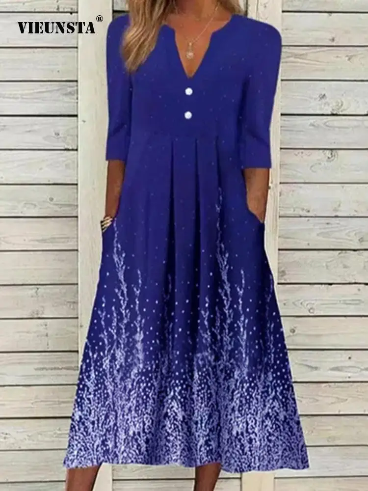 

Women Chic V-Neck Casual Loose Party Dress Fashion Button Smocked Long Dress Mujer Vintage Half Sleeve Printed A-Line Maxi Dress