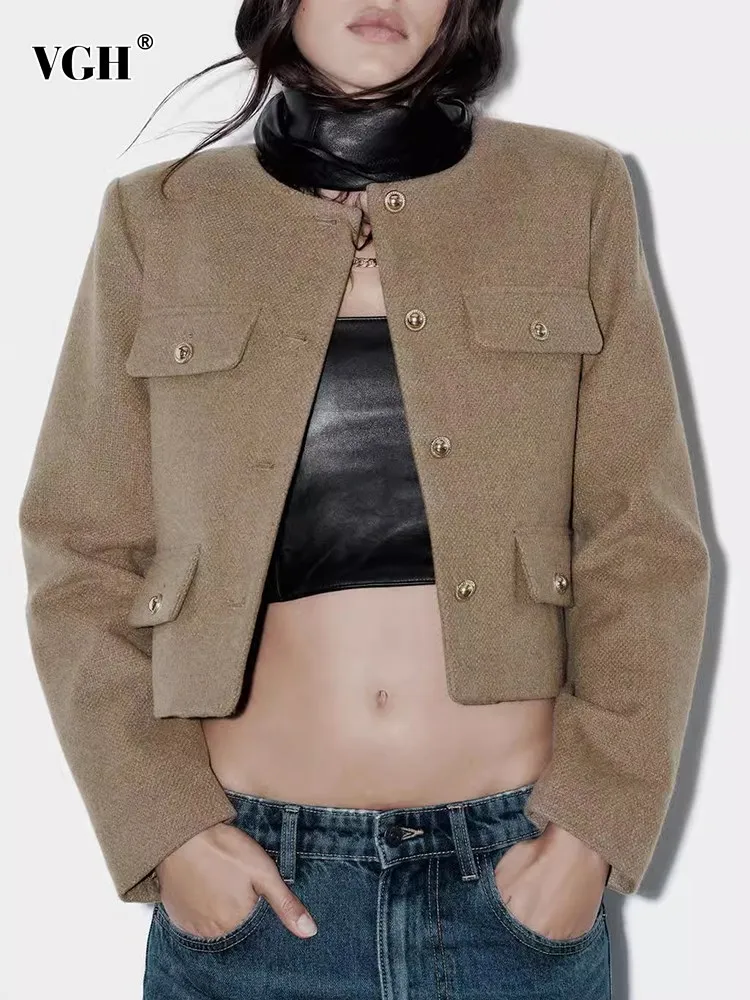 

VGH solid casual short coats for women round neck long sleeve spliced single breasted temperament coat female fashion clothing