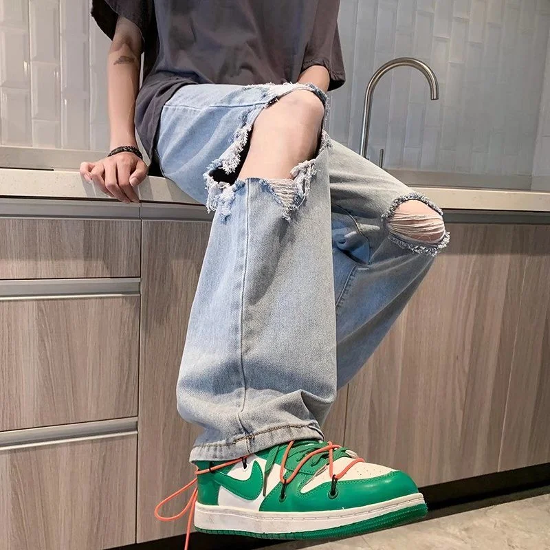 Summer Blue Ripped Jeans Men Fashion Casual Baggy Straight Jeans Men Streetwear Loose Hip Hop Hole Denim Pants Mens Trousers