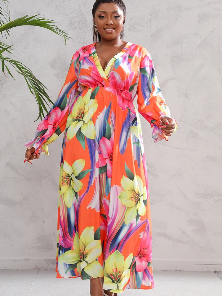 

Shiny Printing Sexy Dress for Women Waist Wrapped Deep V Long Sleeve A-line Elegant Loosely Autumn New African Fashion Pretty