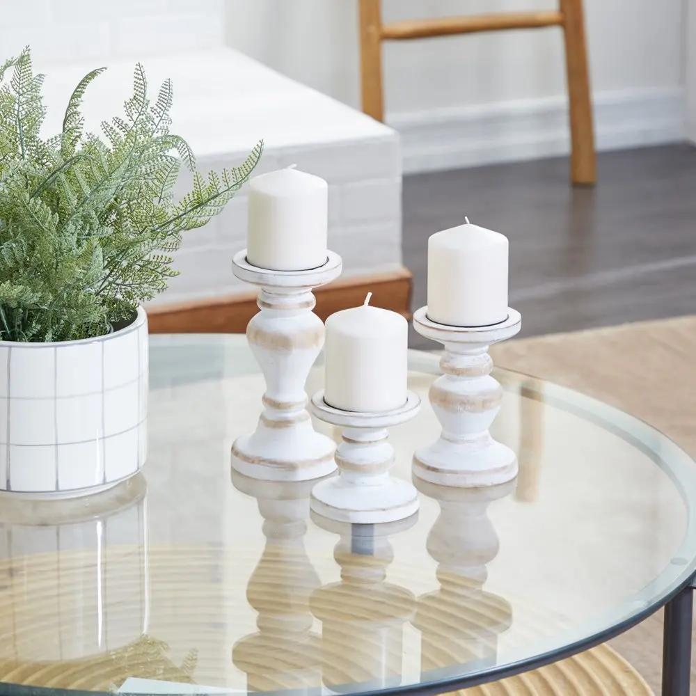 

Farmhouse White Washed Wooden Curved Pillar Candle Holders Set of 3, 8", 6", 4"H Natural Distressed Finish