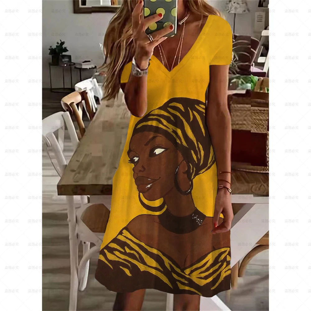 Summer New Fashion Bohemian African Black Girl Print Dresses Women Short Sleeve Dress V-Neck Knee-Length Boho Midi Dress 5XL