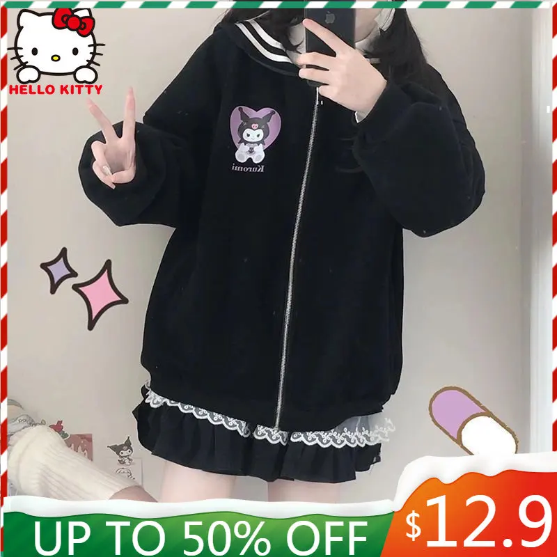

Hello Kitty Hoodie Sanrio Kuromi Melody Women JK Sweatshirt Anime Kawaii Navy Collar Autumn jacket Top Casual Y2k Zipper Up Coat