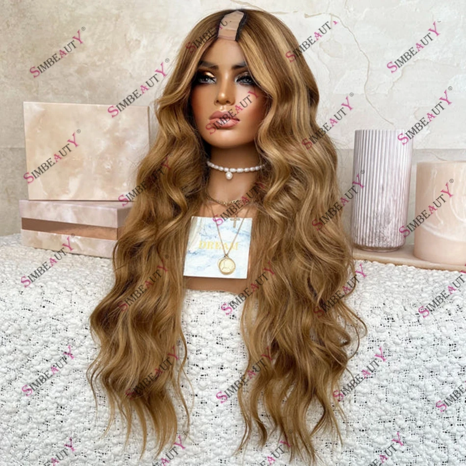 Кудрявые человеческие волосы U часть женский парик хайлайтер коричневый медовый
