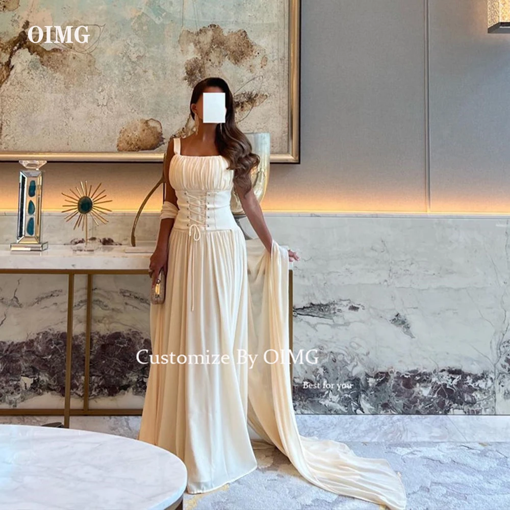 

OIMG Suadi Arabic Women Beige Chiffon Evening Dresses With Shawl Straps Detachable Corset Fitted Elegant Prom Formal Gowns