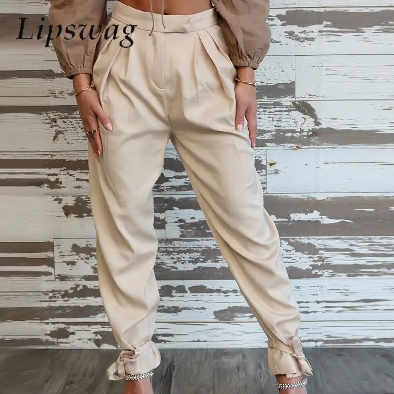 

Модные однотонные брюки с карманами, повседневные женские плиссированные брюки с высокой талией, элегантные длинные брюки на шнуровке, уличная одежда