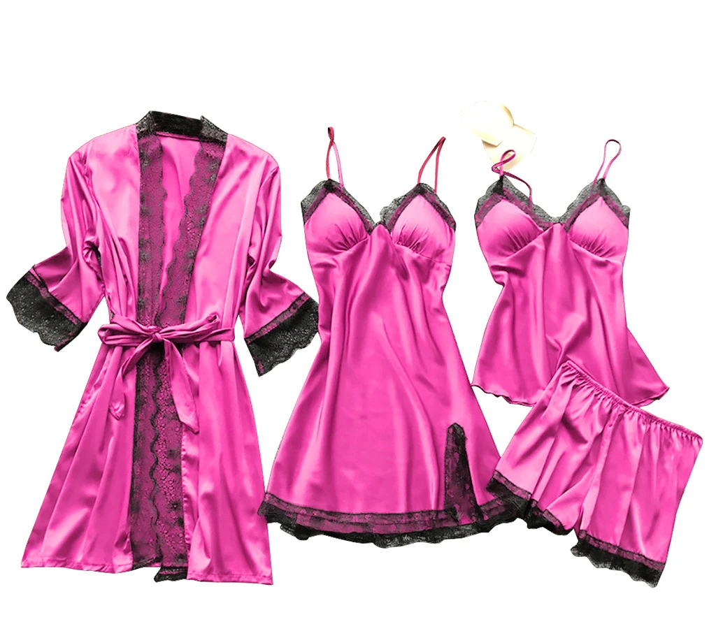 Women 4 Piece Sleepwear Set Sexy Nightwear Mid-length Sling Dress Lace Edge Spaghetti Tops Short Pants Pajamas Woman Night Wear