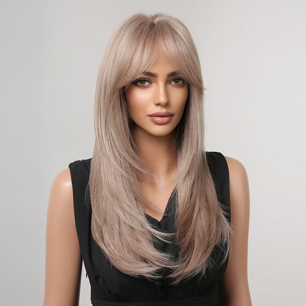 ALAN EATON Ash Blonde Wig for Women Long Straight Layered Synthetic Wigs with Bangs Daily/Party Hair Platinum Wig Heat Resistant