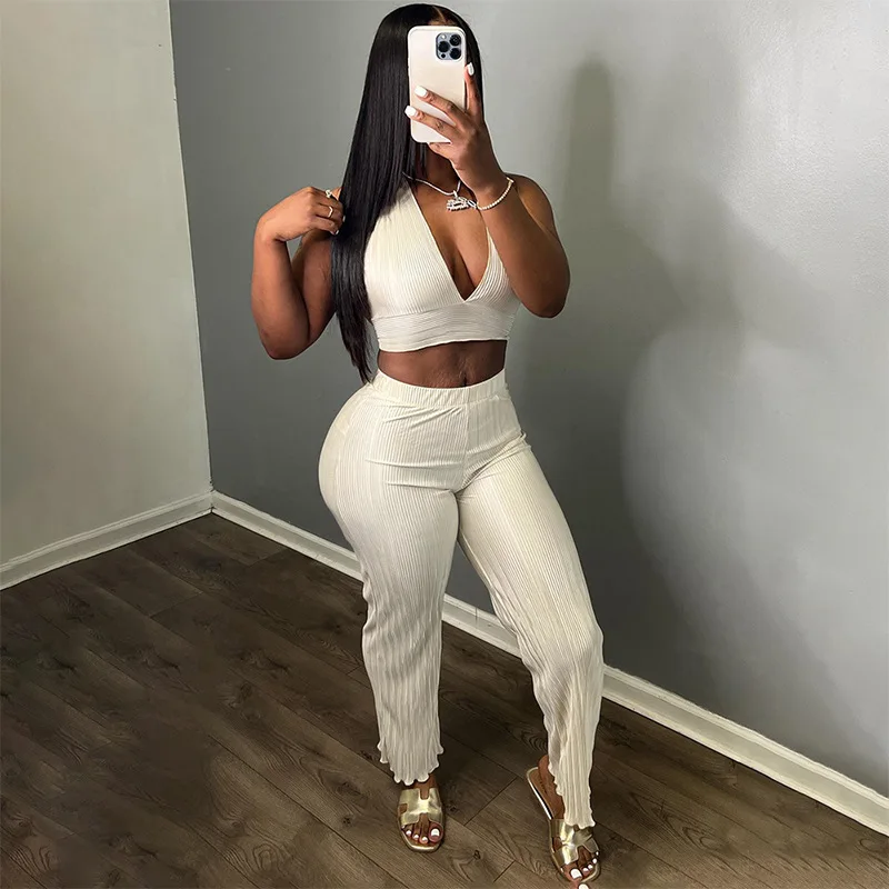 

Sexy V Neck Halter Lace Up Crop Top + Wide Leg Pants Two Piece Set Women Clothing Elegant Pleated Night Club Rave Party Outfits