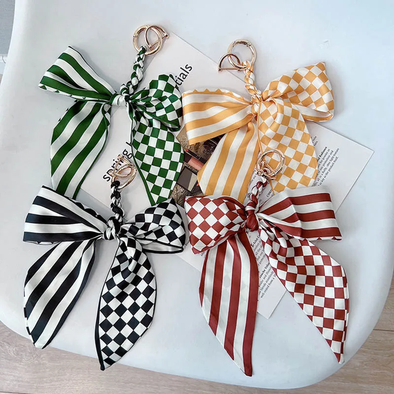 

Checkerboard Silk Scraf Key Holder Bag Pendant Car Key Ring Detachable lattice Chequer Ribbon Scarves Bowknot DIY Bows Keychains