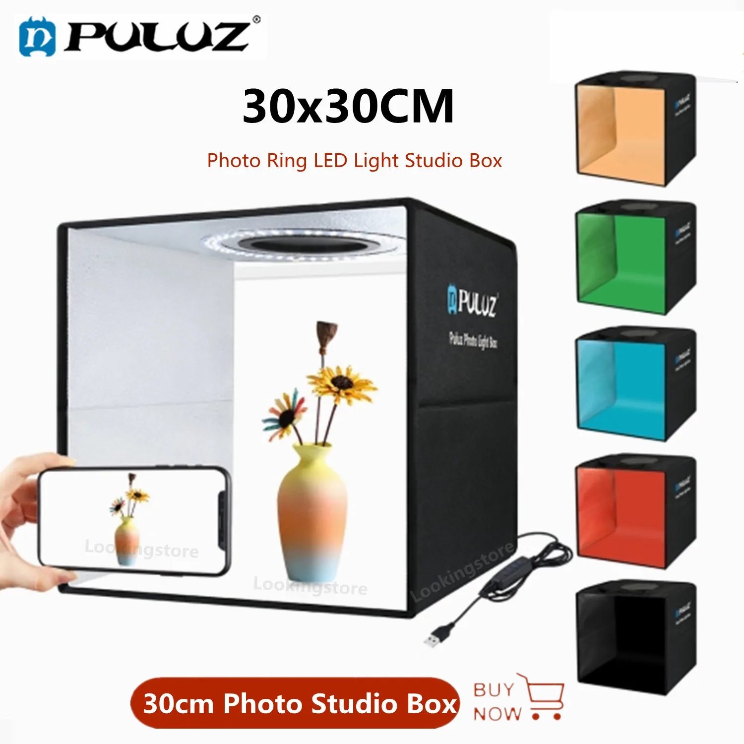 

PULUZ 30cm Photo Ring LED Light Studio Box Photography Lightbox Photo Lighting Studio Shooting Tent Box with 6 Colors Backdrops