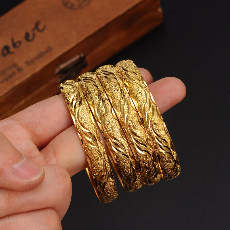 

4PCS 65MM 24k Gold Plated Bangle Fashion Dubai Bride Wedding Ethiopian Bracelet Africa Arab Jewelry Gold Charm Bracelet Gifts