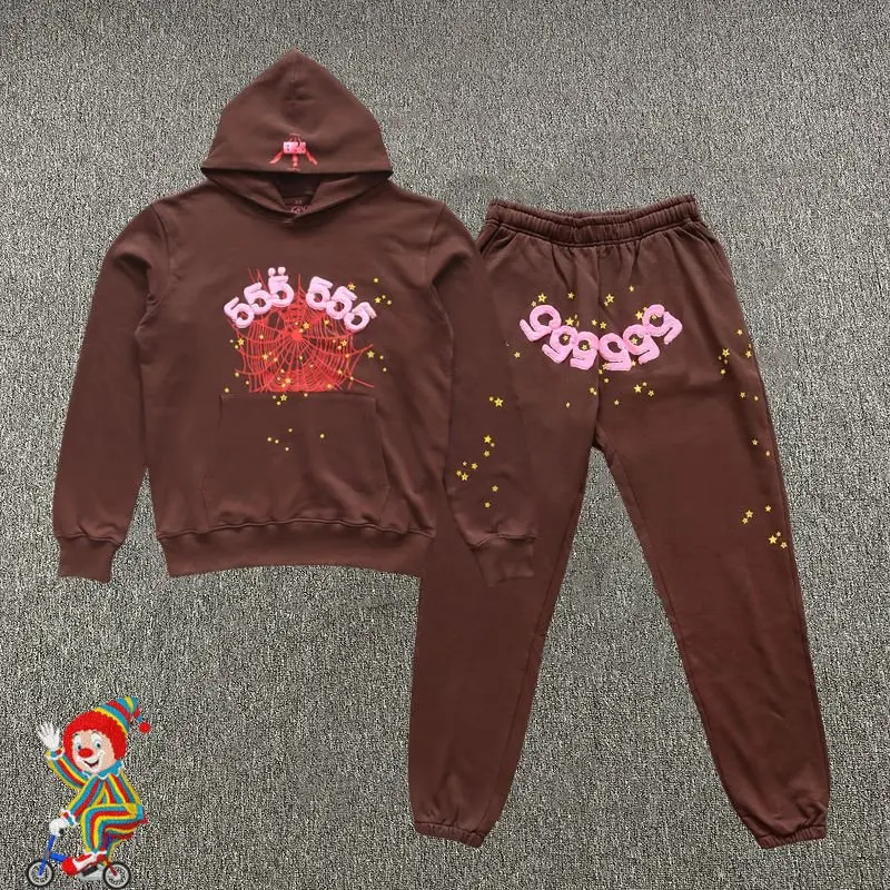 

Young Thug Foam Print Sp5der 555555 Hoodies Sweatshirt Set Brown Fashion Tracksuit Spider Web Hoody Sweatshirts Sweatpants Suit