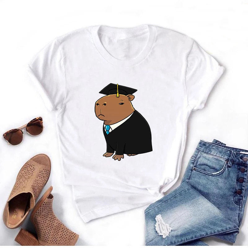Capybara Graduation Print T Shirt Harajuku Vintage Capybara Hazmat Suit Graphic Casual Unisex T-shirt O-Neck Women Men Tshirt