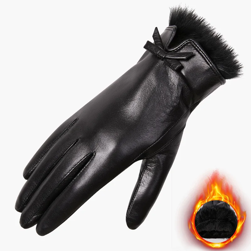 Goatskin Gloves Women's Winter Rabbit Fur Mouth Plush Warm Riding Touch Screen Cold and Windproof Leather 