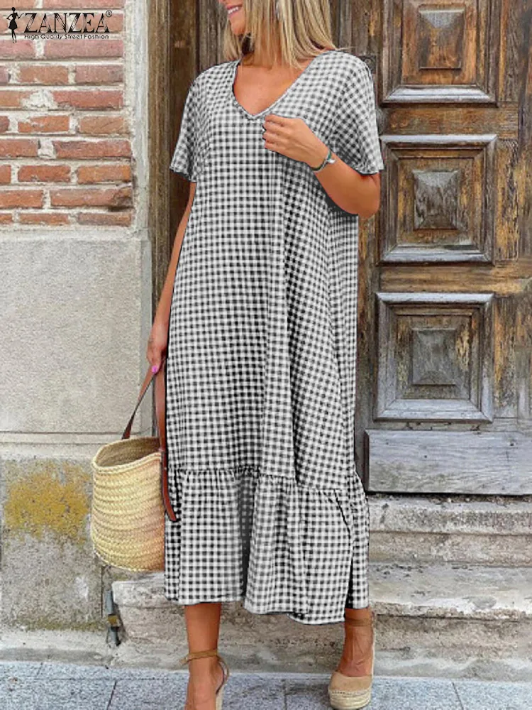 

Women Holiday Maxi Sundress ZANZEA Retro Plaid Check Kaftan 2022 Summer V Neck Ruffle Vestidos Casual Beach Short Sleeve Dresses