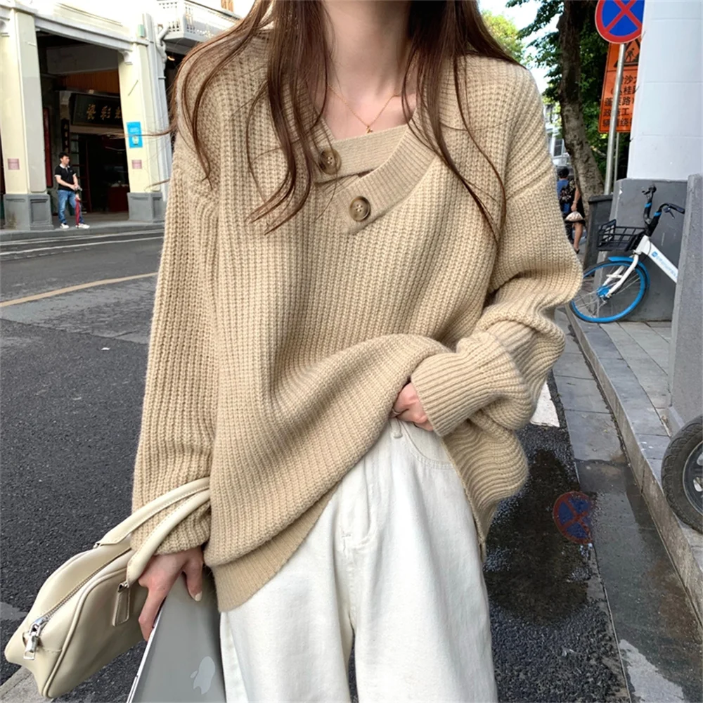 

HziriP Outwear Sweaters Thicken Autumn Elegant Women Knitted Loose 2022 Chic Lazy Style Solid Full Sleeve Jumpers Pullovers