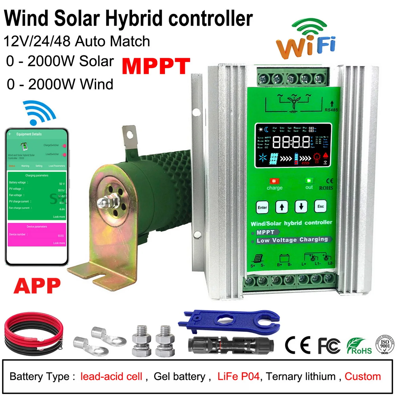 

3000W MPPT Wind Solar Hybrid Charge Controller 12V 24V 48V 60A 100A LCD Display Wifi Monitor Lifepo4 Lithium Lead Acid Battery
