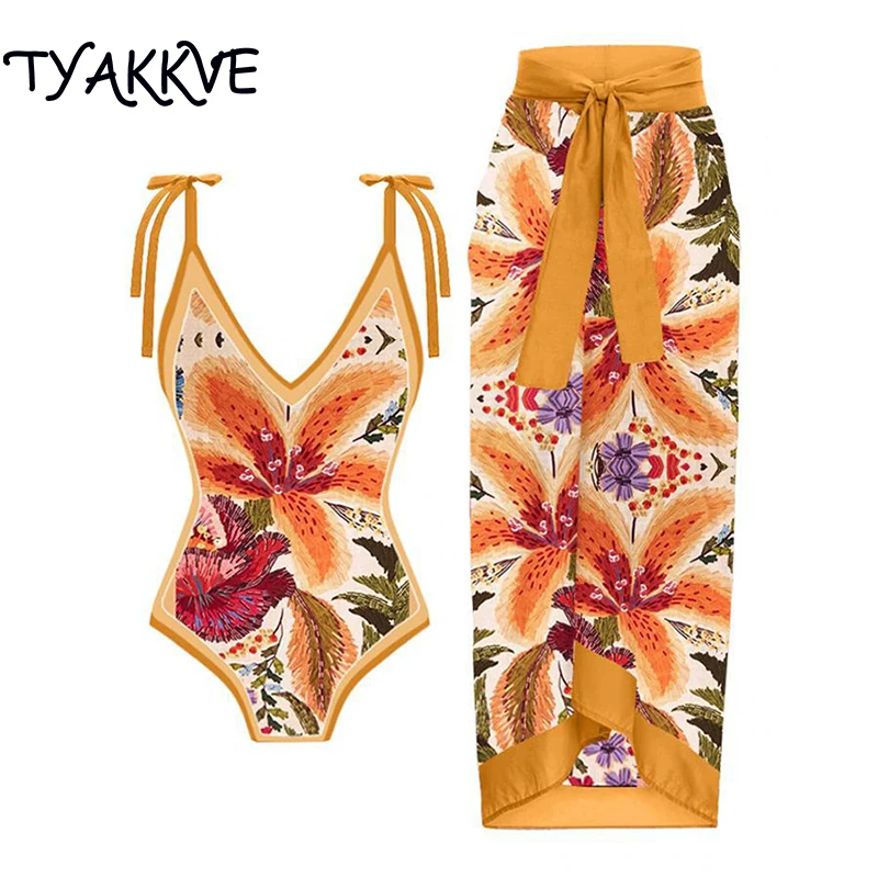 

TYAKKVE One Piece Women Swimwear 2023 Sexy V Neck Swimsuit Cover Up Retro Print Monokini Vintage Bandage Bath Summer Beachwear