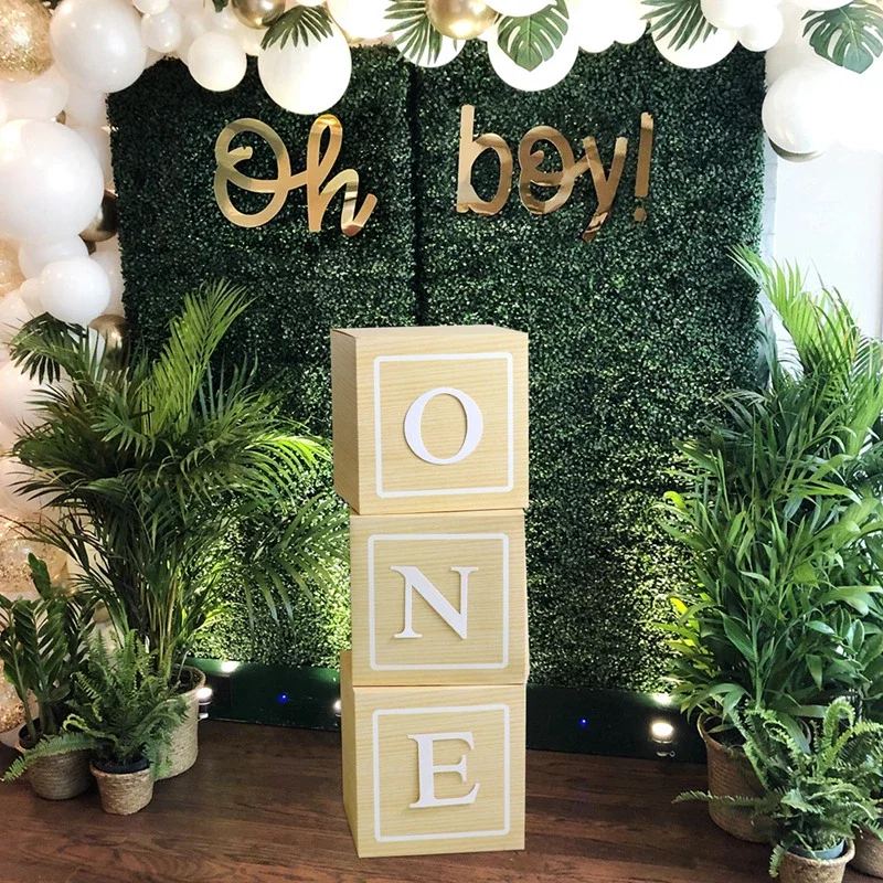 

One Balloon Box Letter Wooden Grain Paper Party Box DIY One Blocks 1st Birthday Party Decor One Year Boy Girl Baby Shower Decor