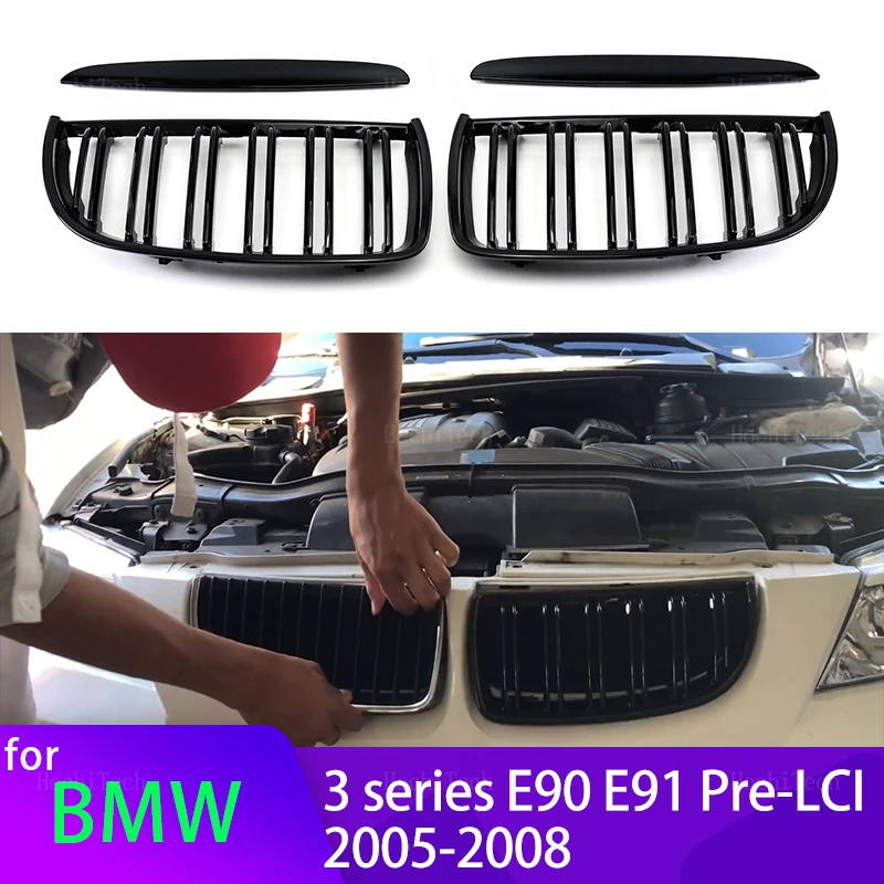 

2Pcs Car Style Gloss Black Front Kidney Double Slat Grill Grille for BMW 3 Series E90 E91 2005-2008 320i 325i 325i 328i 330i