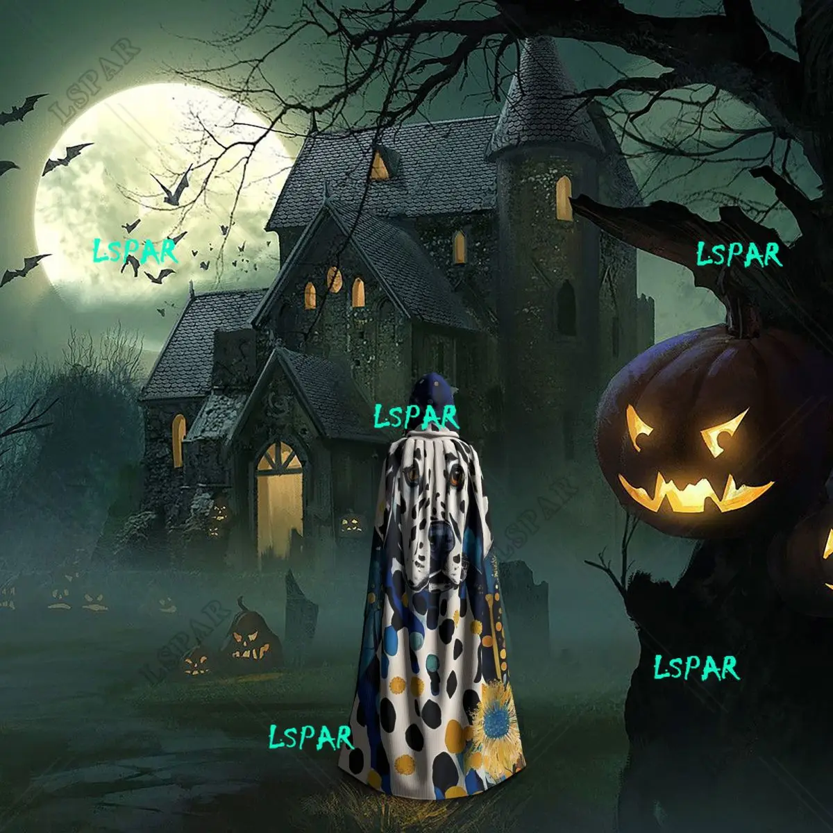 Далматинская собака среди фантастических цветов длинный плащ с капюшоном