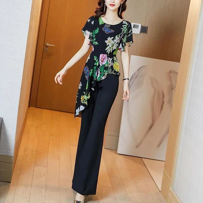 

New Female Suit Fashion Summer Pantsuits 2 Piece Woman Set Elegant Chiffon Print Irregular Top & Flare Pants Office Lady Clothes