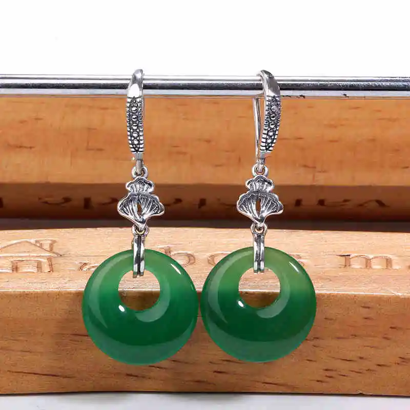 ZHJIASHUN Retro 100% 925 Sterling Silver Chalcedony Earrings For Women Vintage Natural Green Gemstones Round Jewelry