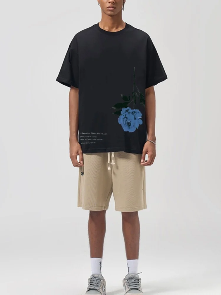 

Yohji Yamamoto Y3 2023 Summer T-Shirt Blue Rose Printed Cotton Short Sleeved High Quality Tee Tops For Men And Women
