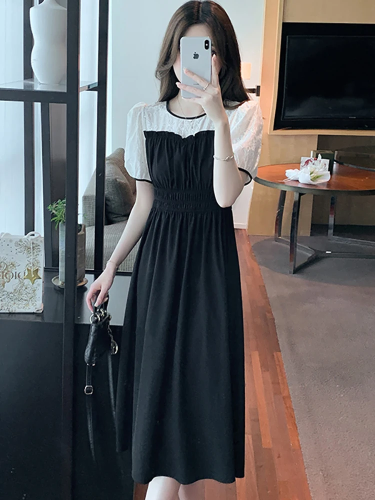 

Летнее черное лоскутное шикарное белое жаккардовое платье, женское Элегантное повседневное длинное платье для дома 2023, корейское винтажное женское платье в стиле Хепберн