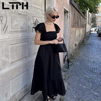 ltph vintage black embroidered dress women flying sleeves high waist hollow out backless elegant long dresses 2022 summer new