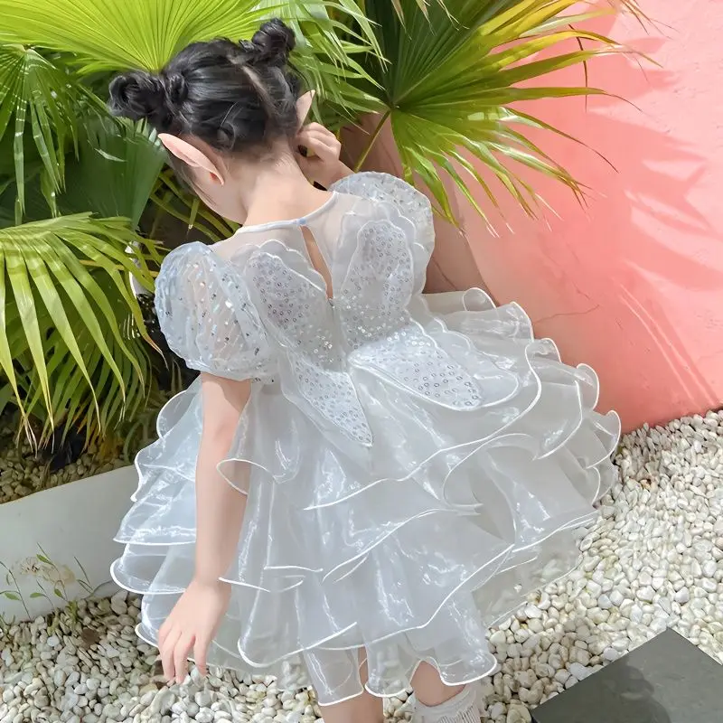 

Белое платье для девочек, детское высококачественное газовое платье в стиле "Лолита", пышная юбка, летнее супер сказочное детское платье на день рождения