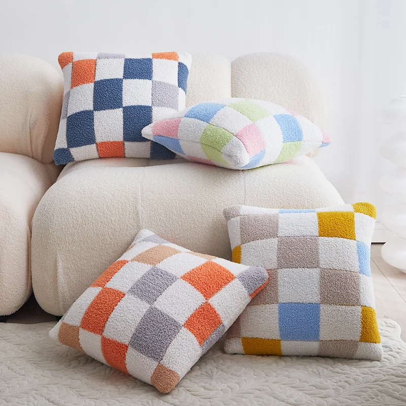 

Мягкие Вязаные чехлы для подушек, мягкая цветная Флокированная подушка в клетку, Чехол 45 см * 45 см, украшение для дома, гостиная, кровать, диван
