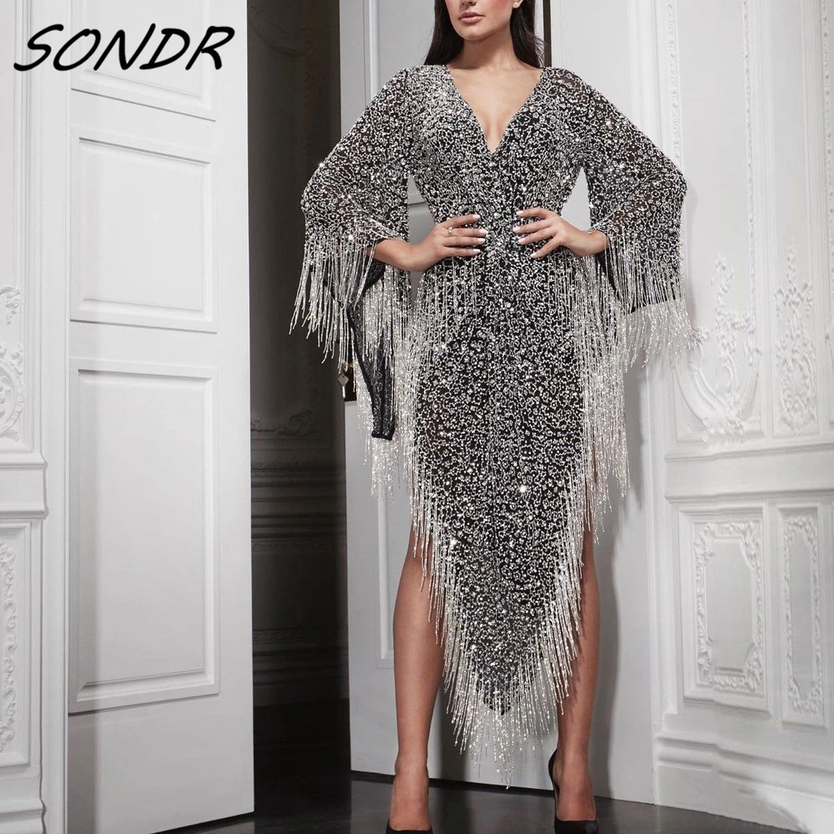 

2022 Midi Party Dresses for Women Evening Clothes Tassel Sequin V Neck Elegant Dress