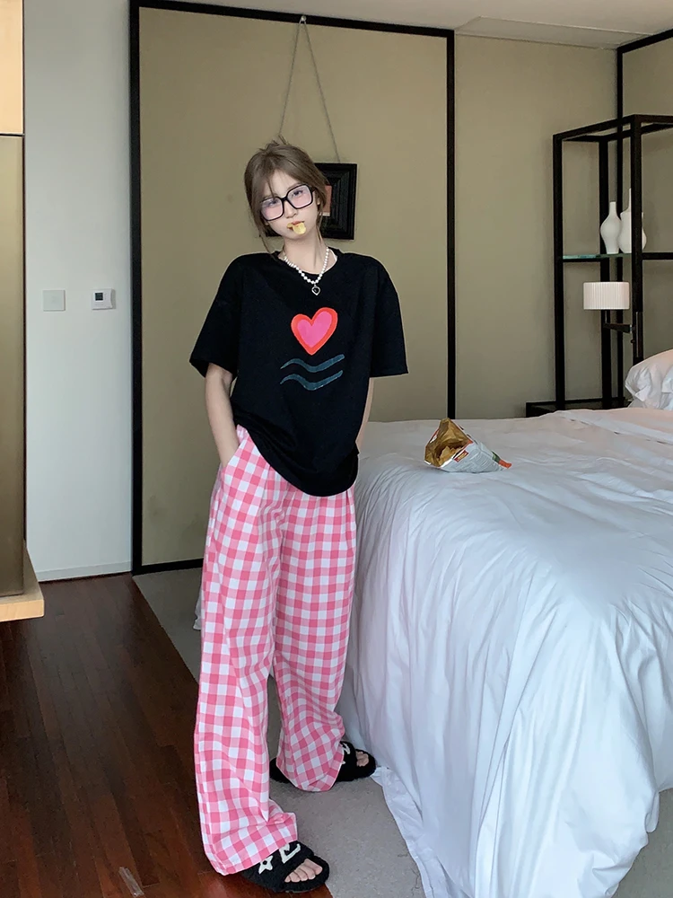 

2 Piece Sets Women Summer Loose TShirt Elastic Waist Pink Plaid Pant Casual Outfits Women Clothes