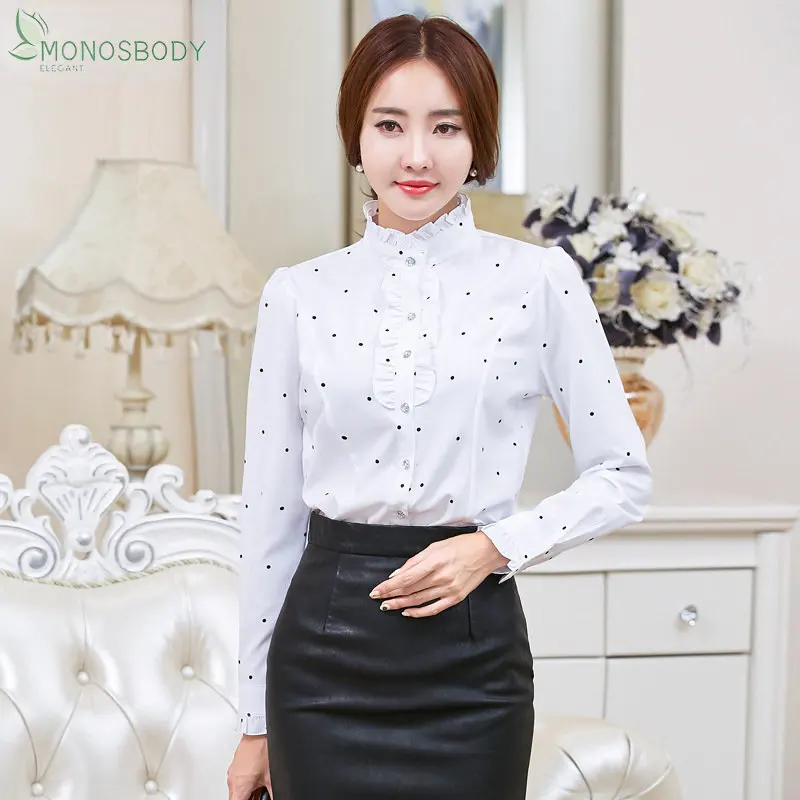 

2023 Casual Polka Dot White Shirts Women Long Sleeve Lace Patchwork Blouses Office Work Tops Business Fashion Ruffles Outfits XL