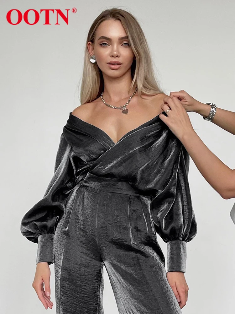 

OOTN Party Office Pant Sets Elegant V-Neck Lantern Sleeve Wrap Top Belt Silky Elastic Waist Wide Leg Pant Suits Women Fall 2022