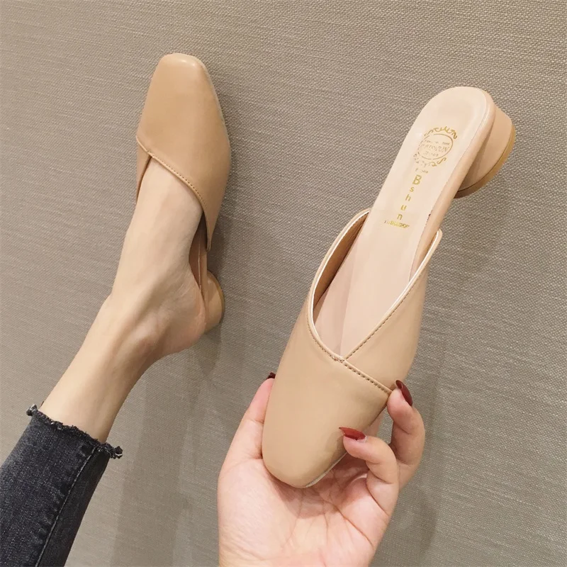 

Shoes Slippers Casual Loafers Slides Cover Toe Low Slipers Women Luxury Soft 2022 Flat Basic Fashion PU Rome Rubber Square heel