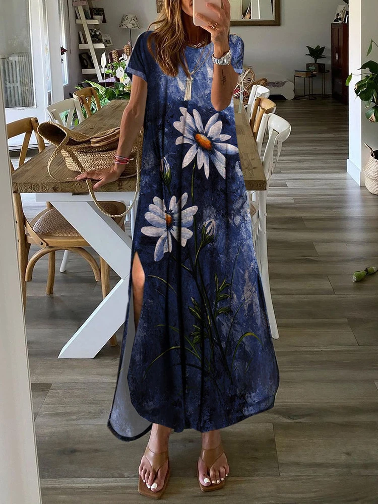 

Женское винтажное платье-пуловер с коротким рукавом, круглым вырезом и цветочным принтом