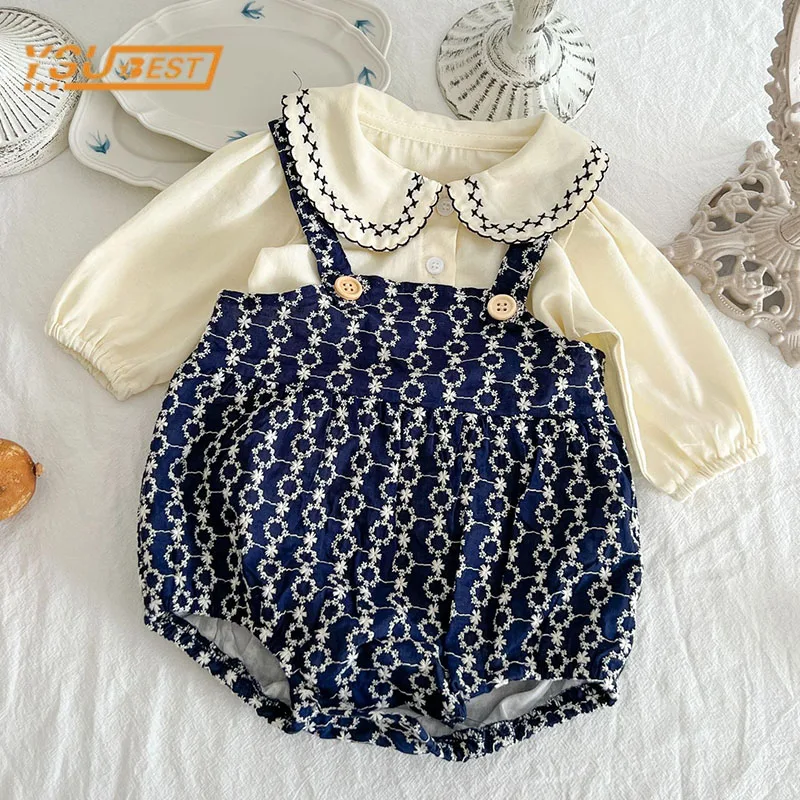 

Infant Baby Girls Long Sleeve T-shirt + Rompers Clothing Sets Newborn Kids Baby Girls Embroidery Suit Children's Clothes