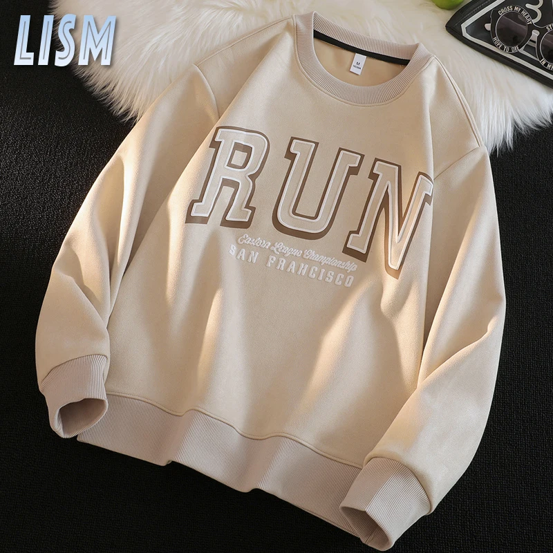 

LISM Suede Letter Printing Hoodies Men's Spring Pullovers Fashion Round Neck Loose Sweatshirts Casual New Brand Male Clothing