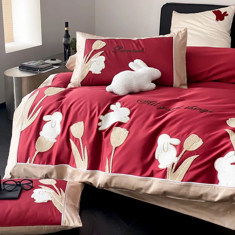 

Red Pure Cotton 100S High Count Long Staple Cotton Four Piece Set, Small Rabbit Embroidered Quilt Cover, Bedding