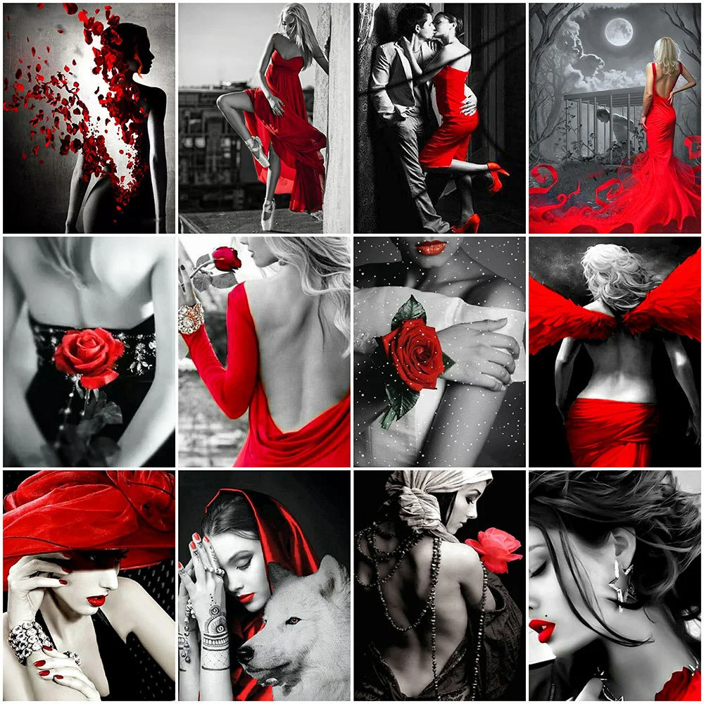 

MomoArt 5D Full Square Diamond Painting Black Red Woman Diamond Embroidery Portrait New Arrivals Mosaic Rhinestone Home Decor