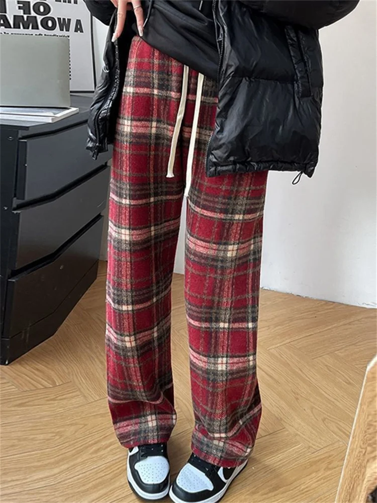 

QWEEK Korean Fashion Red Plaid Pants Harajuku 90s Vintage Dark Blue Checked Trousers Oversized Autumn Basic Wide Leg Pantalon