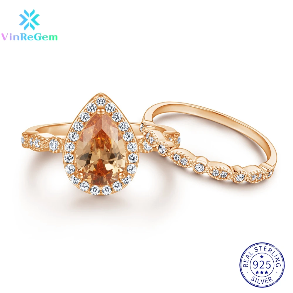 

Vinregem 925 Sterling Silver Pear 6*9MM Citrine Morganite Sapphire Simulated Moissanite Ring Sets for Women Jewelry Dropshipping