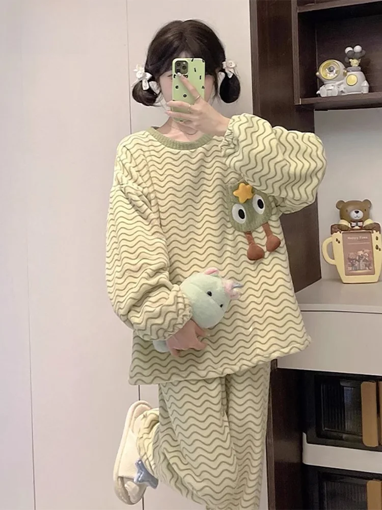 Японская мода GP коралловый флисовые пижамы женские 2024 зимние свободные большие